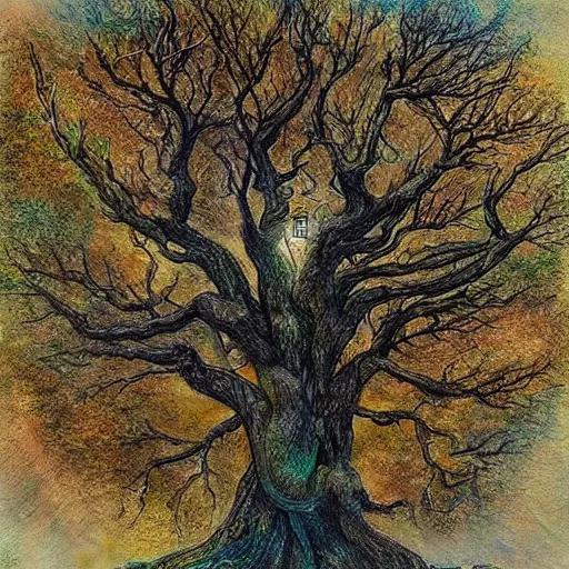 Prompt: A 100 year old tree, fantasy painting, lots of detail