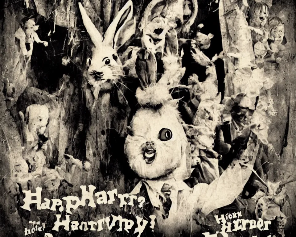 Image similar to a horror movie poster featuring the easter bunny