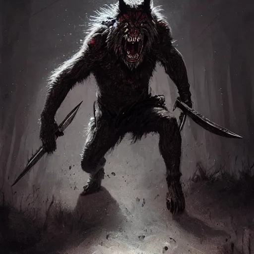 Prompt: very detailed painting of a Tribal bloodied black Werewolf holding a dagger, featured in artstation, concept art by Greg Rutkowski, WLOP, Dan Mumford, Christophe Vacher