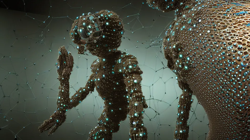 Image similar to a cybernetic symbiosis of a single astronaut mech-organic eva suit made of pearlescent wearing knitted shiny ceramic multi colored yarn thread infected with diamond 3d fractal lace iridescent bubble 3d skin dotted covered with orb stalks of insectoid compound eye camera lenses floats through the living room, film still from the movie directed by Denis Villeneuve with art direction by Salvador Dalí, wide lens,kevlar,carbon fiber,ceramics,gaseous materials,