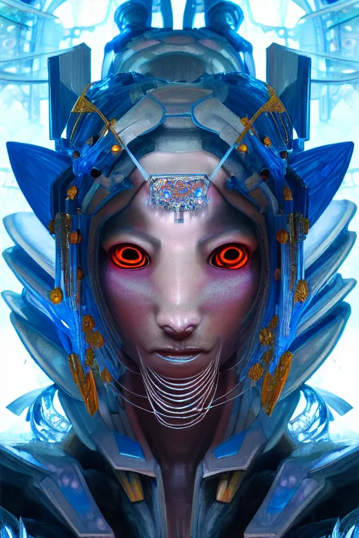 Image similar to asura from chinese myth, ghost, gorgeous and huge head ornaments, dystopian, cyberpunk, organic fractal mycelum and fungi, mecha, halfturn portrait of a big crystal face made of crystals half - turn, ominous, intricate, studio, art by anthony macbain + greg rutkowski + alphonse mucha, concept art, 4 k, sharp focus