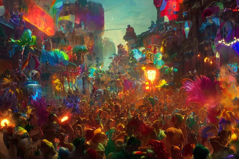 Prompt: Brazil Carnival, floats carnival, party, cinematic lighting, dramatic atmosphere, by Craig Mullins, 4k resolution, trending on artstation