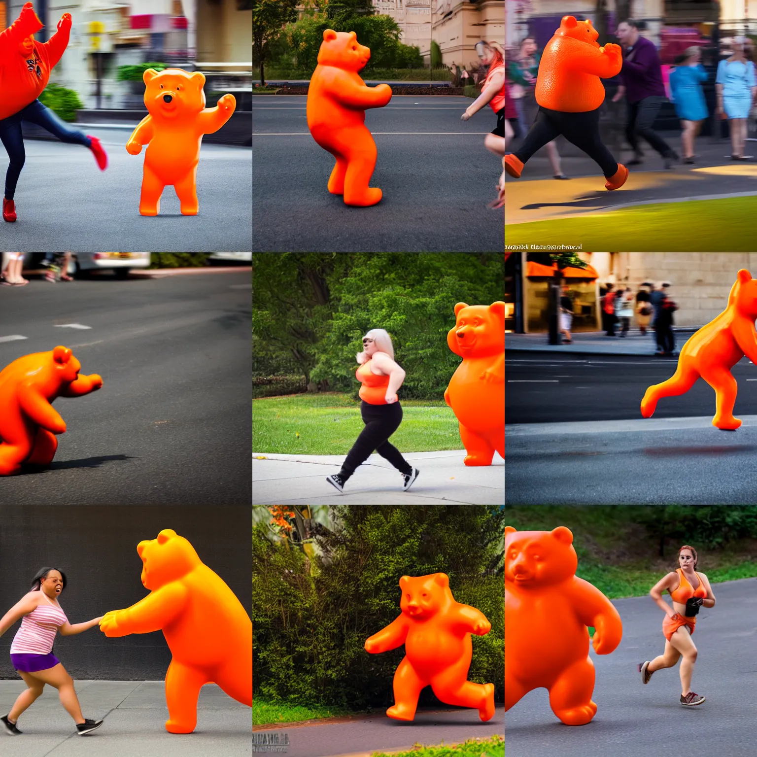 Prompt: a life size gummy bear, orange, runs away from 2 overweight woman who rush after it hungrily. canon 5 d 5 0 mm lens, action photography, realistic, award winning,