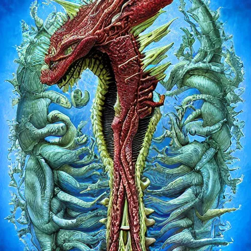 Image similar to nightmare dragon anatomy etherreal iridescent vascular nerve bundles pearlescent spinal chord horror by naoto hattori, zdzislaw, norman rockwell, studio ghibli, anatomical cutaway