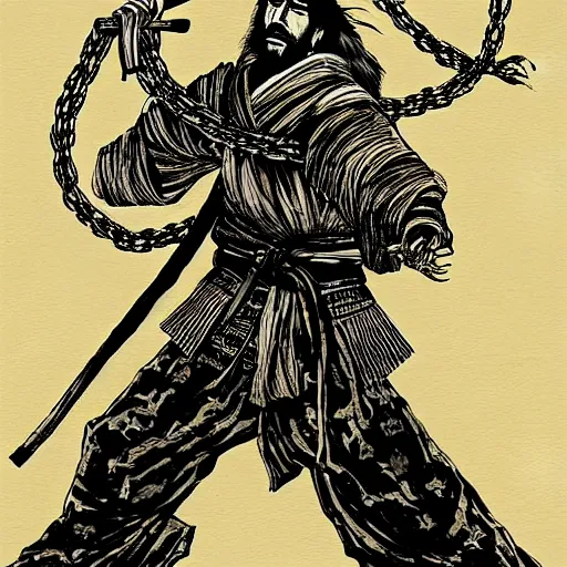 Image similar to A PORTRAIT FROM BEHIND OF A SAMURAI MAN VAGABOND WITH A MOON BEHIND HIM ,THE SAMURAI IS WRAPPED IN CHAINS ,detailed, concept art, ink style , sketch