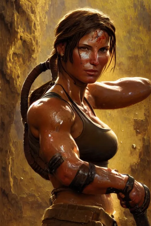 Image similar to muscular sweat lara croft, covers with mud, exhausted, face close up, highly detailed painting by gaston bussiere, craig mullins, j. c. leyendecker 8 k