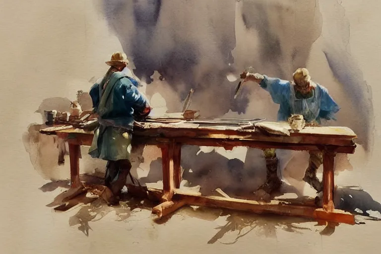 Prompt: paint brush strokes, abstract watercolor painting of medieval workbench, cloth, art by hans dahl, by jesper ejsing, art by anders zorn, wonderful masterpiece by greg rutkowski, cinematic light, american romanticism by greg manchess, creation by tyler edlin