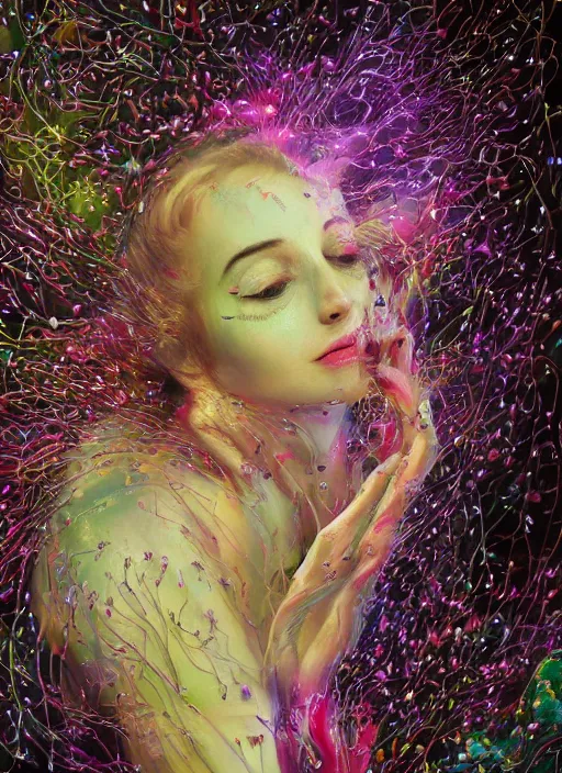 Image similar to hyper detailed 3d render like a Oil painting - Aurora (Singer) Eats of the Strangling Fruit of penance open eyes and Her Hands full of gossamer polyp blossoms bring iridescent fungal flowers whose spores black the foolish stars by Jacek Yerka, Mariusz Lewandowski, Houdini algorithmic generative render, Abstract brush strokes, Masterpiece, Edward Hopper and James Gilleard, Zdzislaw Beksinski, Mark Ryden, Wolfgang Lettl, hints of Yayoi Kasuma, octane render, 8k