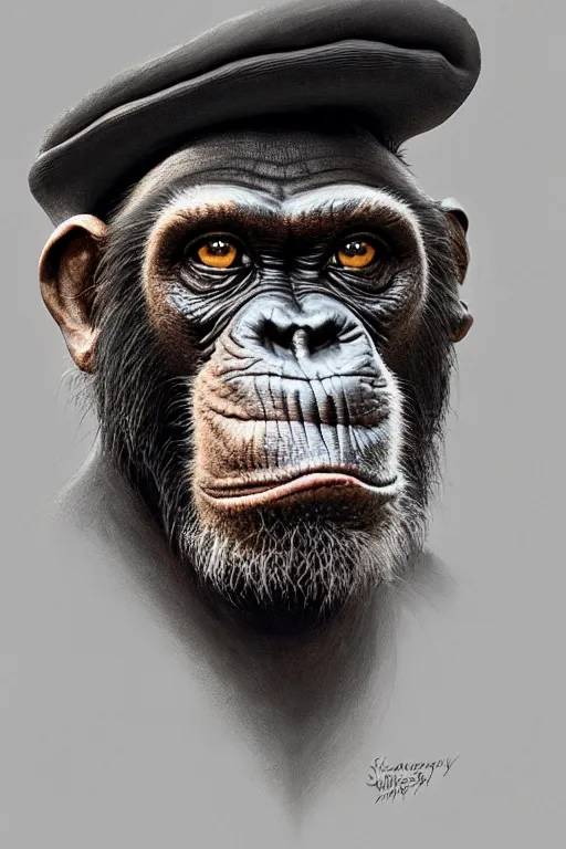 Image similar to portrait of an old chimpanzee wearing a elegant hat, intricate wrinkles, dystopian, sci-fi, evening light, extremely detailed, hands, digital painting, sculpted in zbrush, artstation, concept art, smooth, sharp focus, illustration, chiaroscuro lighting, golden ratio, incredible art by Stanley Artgerm Lau and Greg Rutkowski, composition by Alphonse Mucha and Simon Stalenhag