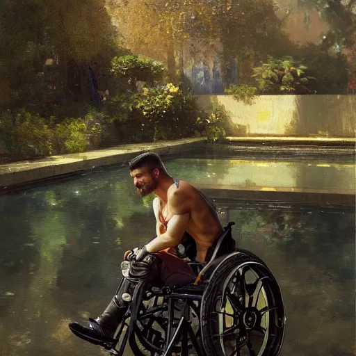 Image similar to handsome portrait of a wheelchair guy fitness posing, radiant light, caustics, war hero, smooth, one legged amputee, reflective water koi pond, ghost in the shell, lush garden surroundings, by gaston bussiere, bayard wu, greg rutkowski, giger, maxim verehin