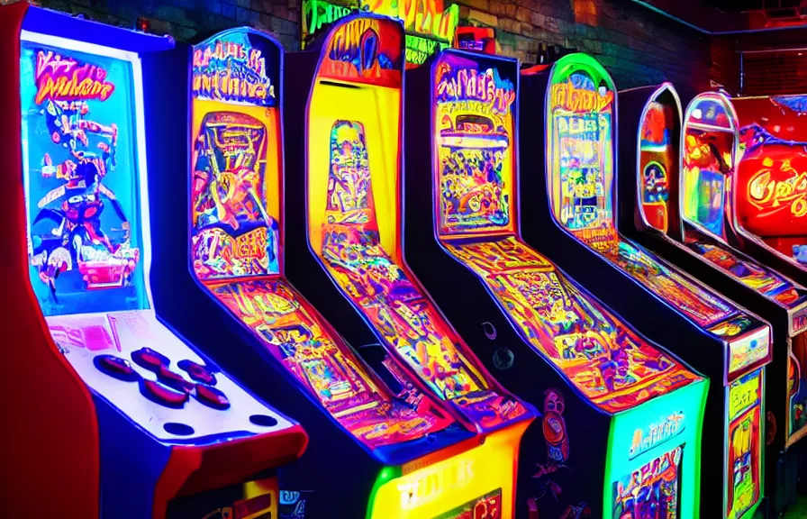 Prompt: Wide shot of a row of brightly lit retro arcade machines in an arcade, depth of field, realistic, nostalgic