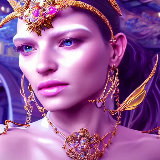 Image similar to portrait of princess of amethys, glowing, ornate and intricate anethyst jewelry, jaw dropping beauty, glowing background lighting, white accent lighting, hyper detailed, fairy tale, 4 k octane render