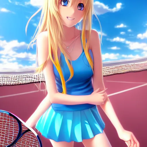 Image similar to a very beautiful young anime tennis girl, long blond hair, full body, sky blue eyes, ( full round face ), short smile, bikini, miniskirt, highly detailed, cinematic wallpaper by stanley artgerm lau