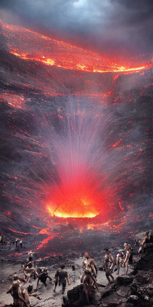 Prompt: downward view of diver plunging downward at Mount Vesuvius, thermic lava flowing down fire travertine terraces below, epic fantasy, crowd of people watching, Photorealistic, horror, establishing shot, cinematic lighting, , dramatic lighting, atmospheric, realistic, octane render, highly detailed, color graded, matte painting in the style of craig mullins