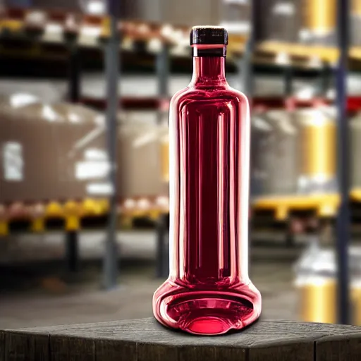 Prompt: an award - winning photo of a translucent glass vodka bottle in the shape and style of a propane cylinder with a red gradient in a warehouse, dramatic lighting, wide angle lens, ƒ / 8, behance