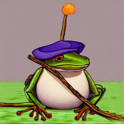 Prompt: frog in a hat, with stick