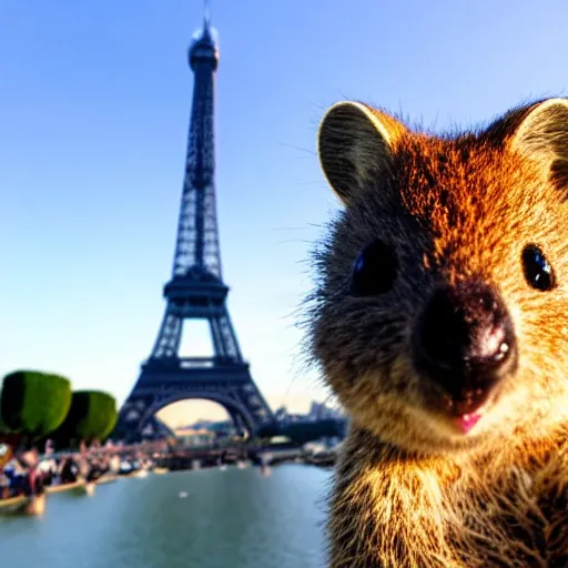 Image similar to a quokka taking a selfie in front of the eiffel tower, photorealistic