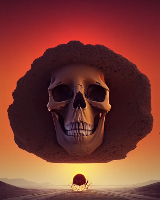 Image similar to epic composition of a skull in dystopian dessert landscape by stuart lippincott, 8 k trending on behance