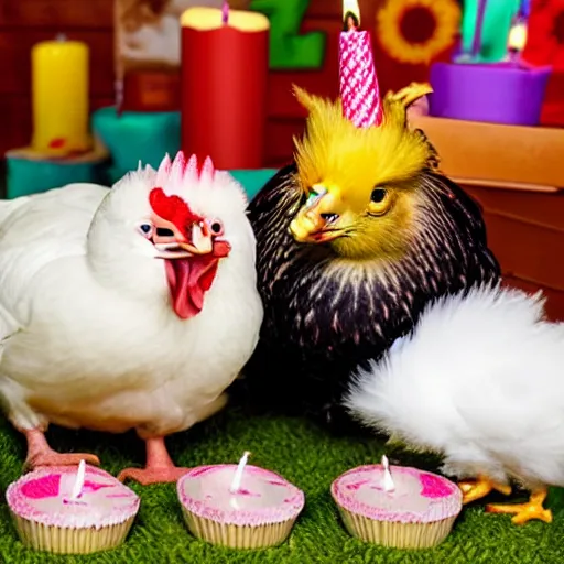 Image similar to a fluffy downed baby chick with a rooster they see a birthday cake having 3 candles