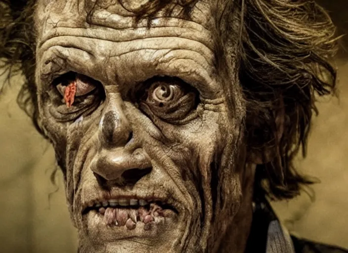 Prompt: willem dafoe as leatherface, movie still, from the new texas chainsaw massacre movie, 8 k, realistic