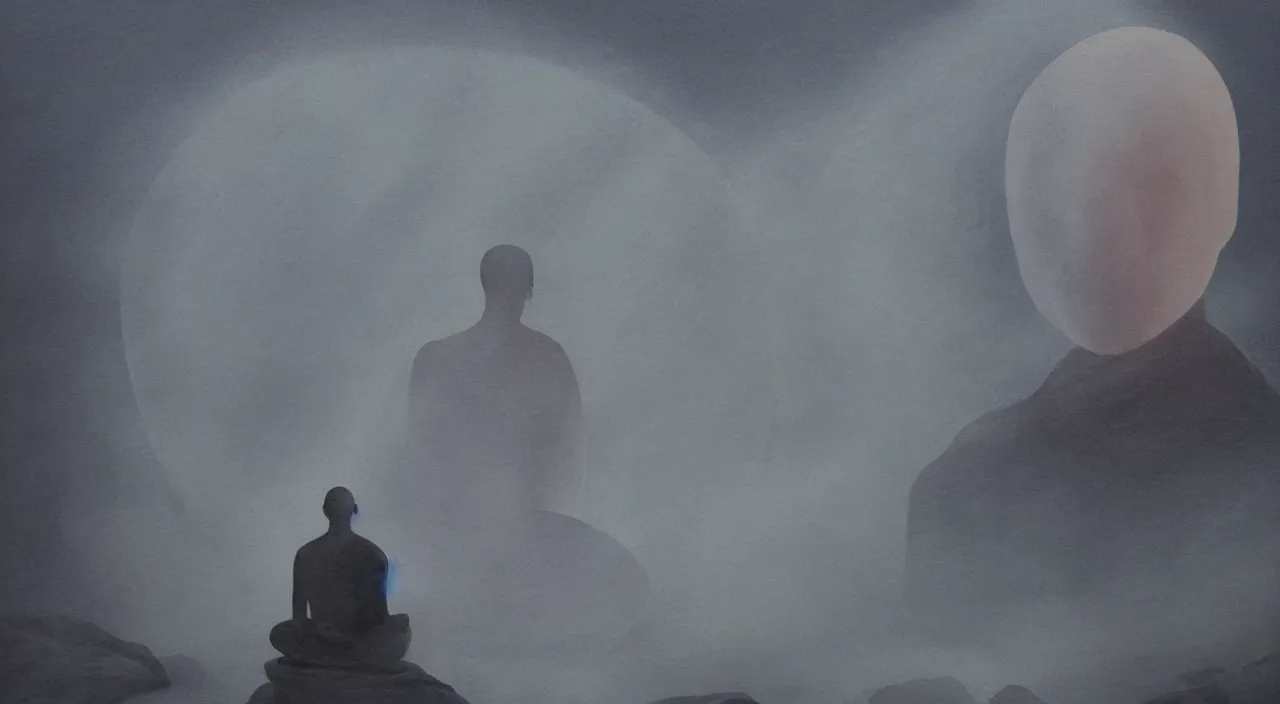 Prompt: alex grey painted style a lonely silhouette of a meditating monk sitting in the fog on a stone protruding from the water in the rays of the morning sun