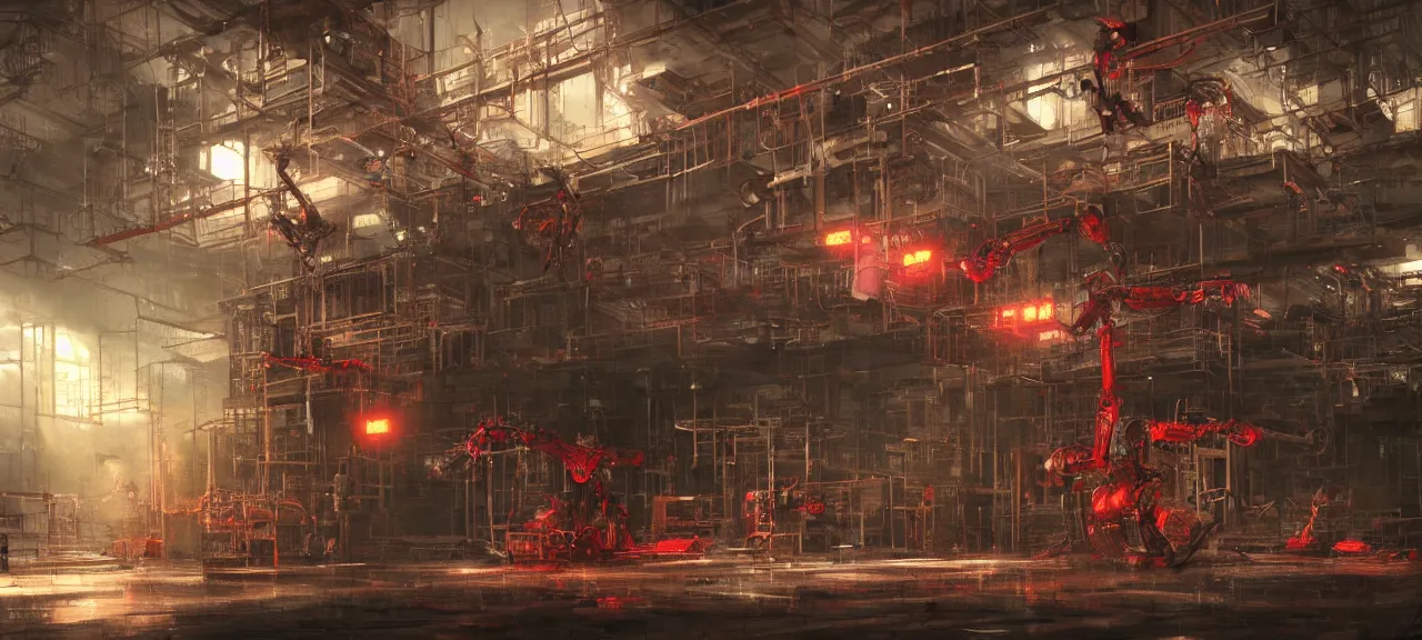 Prompt: dystopian factory building robots, with suspended rails and hanging mechanical parts, robotic arms, red leds, concept art by craig mullins, gloomy, neon lights