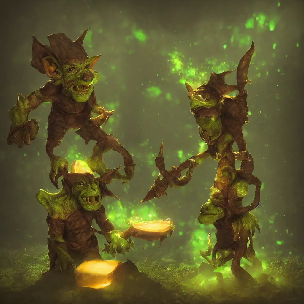 Image similar to Photorealistic fantasy goblin with cheese. Ominous green mist in the background. Magical occult photorealism, UHD, amazing depth, glowing, golden ratio, 3D octane cycle unreal engine 5, volumetric lighting, cinematic lighting, cgstation artstation concept art