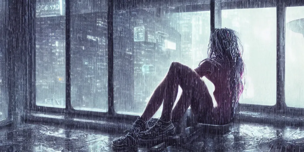 Image similar to sad girl sitting by the window, cyberpunk, accurate features, focus, very intricate ultrafine details, masterpiece, 8 k hd, realistic shaded lighting, detailed render, detailed backgrounds, epic composition, soft neon lights, rain