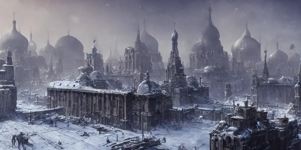 Image similar to Post-apocalyptic imperial russian city scene with a dark smog choked sky and a crowd of people freezing in the snow, black domes and spires, sci fi, detailed matte painting, cinematic, Alan Lee, Artstation