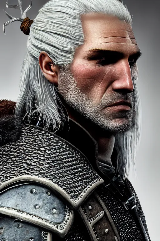 Image similar to portrait of geralt of rivia, 5 5 mm lens, professional photograph, times magazine, serious, stern look