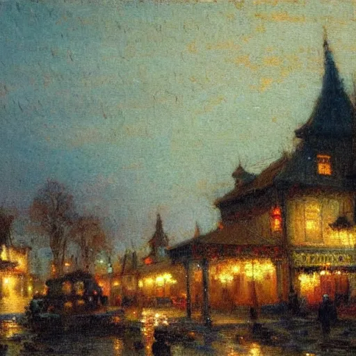 Prompt: a small town at twilight, very high detail, painted by gaston bussiere