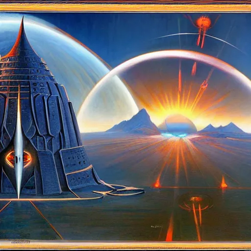 Prompt: barad - dur ( dark fortress ) and the eye of sauron, large scale painting by robert mccall and vladimir kush