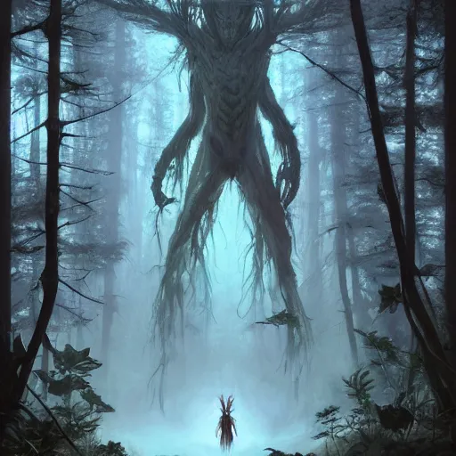 Image similar to highly detailed creepy forest humanoide creature in robes, stephen bliss, unreal engine, fantasy art by greg rutkowski, loish, rhads, ferdinand knab, makoto shinkai and lois van baarle, ilya kuvshinov, rossdraws, tom bagshaw, global illumination, radiant light, detailed and intricate environment