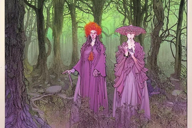 Image similar to a hyperrealist watercolour character concept art portrait of a haunted forest inside central park. neon flowers. weird people. by rebecca guay, michael kaluta, charles vess and jean moebius giraud