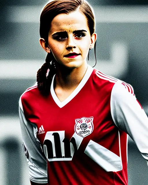 Image similar to a portrait of emma watson as a lokomotiv football player, hyper realistic