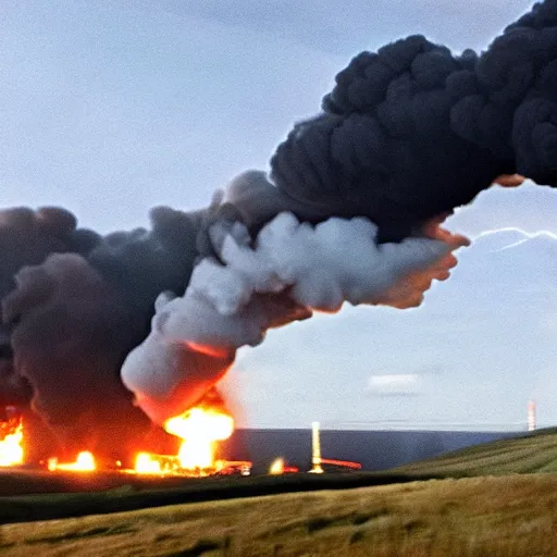 Image similar to epic photo of greta thunberg flying as superman destroying oil refinery explosions and black smoke. cinematic realistic photographic epic lighting