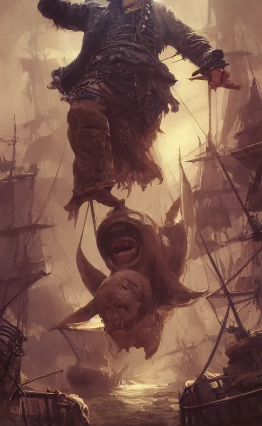 Prompt: full body of pirate getting drunk, symmetrical face features, front game card, drark, marvel comics, dark, intricate, highly detailed, smooth, artstation, digital illustration by ruan jia and mandy jurgens and artgerm and wayne barlowe and greg rutkowski and zdislav beksinski