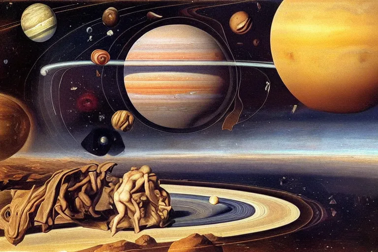 Prompt: the planets jupiter and saturn by salvador dali, oil on canvas, surrealism, neoclassicism, renaissance, hyper realistic, cell shaded, 8 k