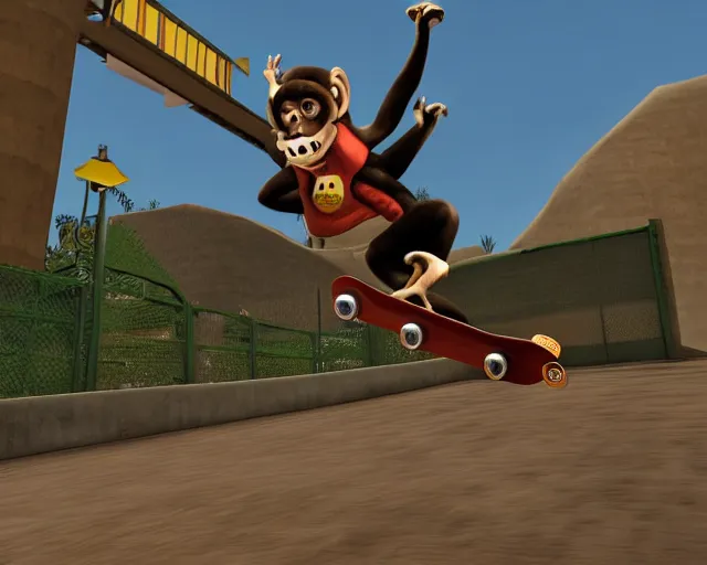 Prompt: monkey riding a skateboard in tony hawk's pro skater, gameplay still