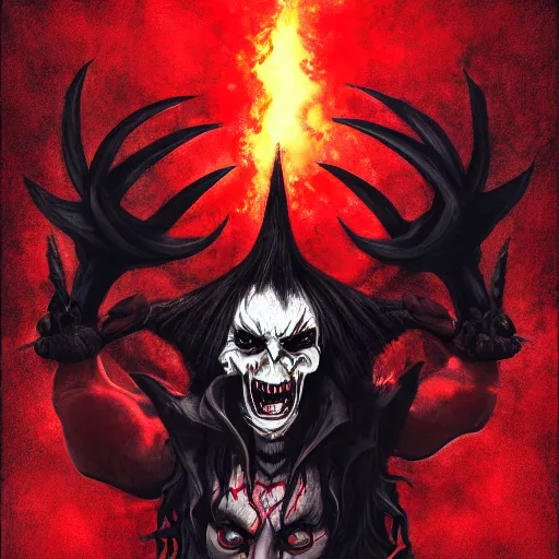 Image similar to the _ devil _ holding _ a _ skull _ red _ horns _ ominous _ fiery _ background _ symmetrical _ detailed _ face _ despair _ highly _ detailed _ high _ resolution _ sandro _ botticel