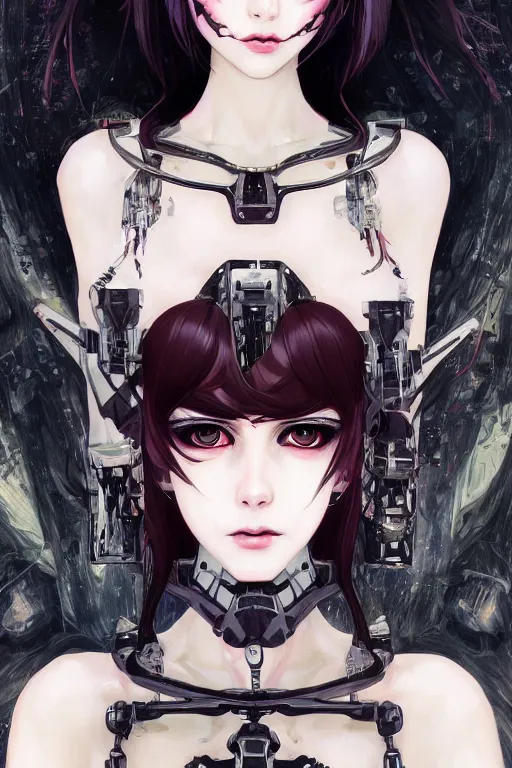 Image similar to portrait of beautiful young gothic cyborg anime maiden. Anime, cyberpunk, Warhammer, highly detailed, artstation, illustration, art Gustav Klimt. Face by Ilya Kuvshinov, cute-fine-face, pretty face, realistic shaded Perfect face, fine details