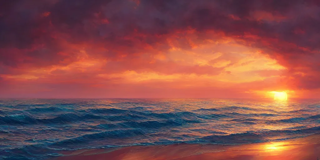 Image similar to a beautiful sunset over the ocean, artstation, cgsociety, detailed, gorgeous painting