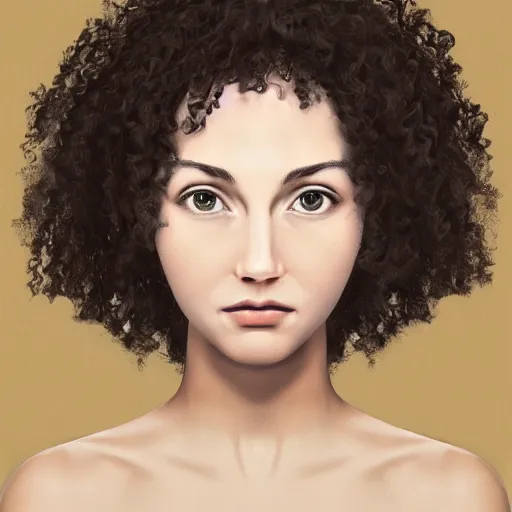 Prompt: portrait of a young lady with curly black hair with, round face, big brown eyes, volumetric lighting,