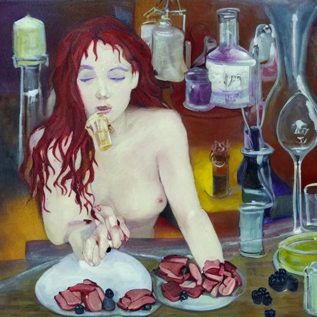 Prompt: sensual, danger sign, a female art student in a park, raw pork meat, berry juice drips, pancakes, spilt coffee, honey, painting of a woman, berries, white flowers in scientific glassware, art supplies, white candles dripping wax, neo - impressionist surrealism, acrylic and spray paint and oilstick on canvas