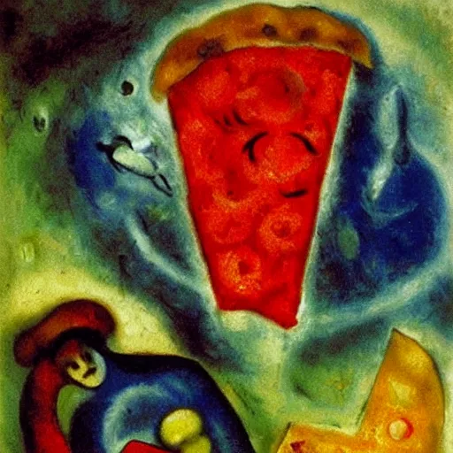 Prompt: an oil painting of a pizza by chagall