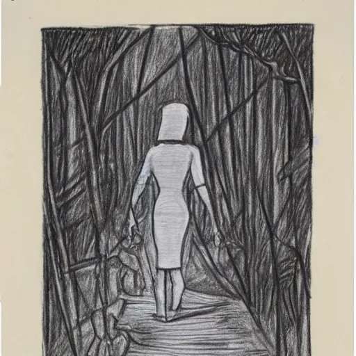 Prompt: bandaged mummy walks through camp, in jungle, pencil drawing, engraving, simple