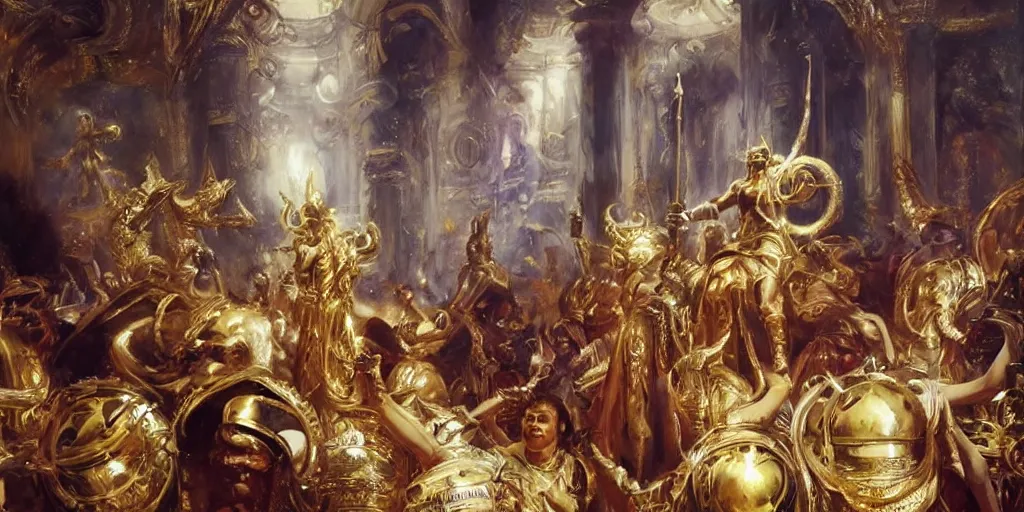 Image similar to beautiful oil painting, high details, the alien god emperor of ancient civilization surrounded by servants in gilded halls a golden wreath upon his head, by anders zorn, wonderful masterpiece by greg rutkowski, beautiful cinematic light, american romanticism, by giger, rolf armstrong, ernie barnes