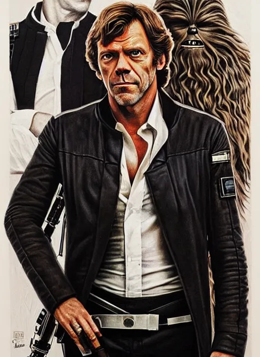 Image similar to portrait of hugh laurie as han solo in star wars, wearing han solos cloth, a black vest and white shirt, hyperrealistic, very detailed painting by glenn fabry, by joao ruas, by artgerm