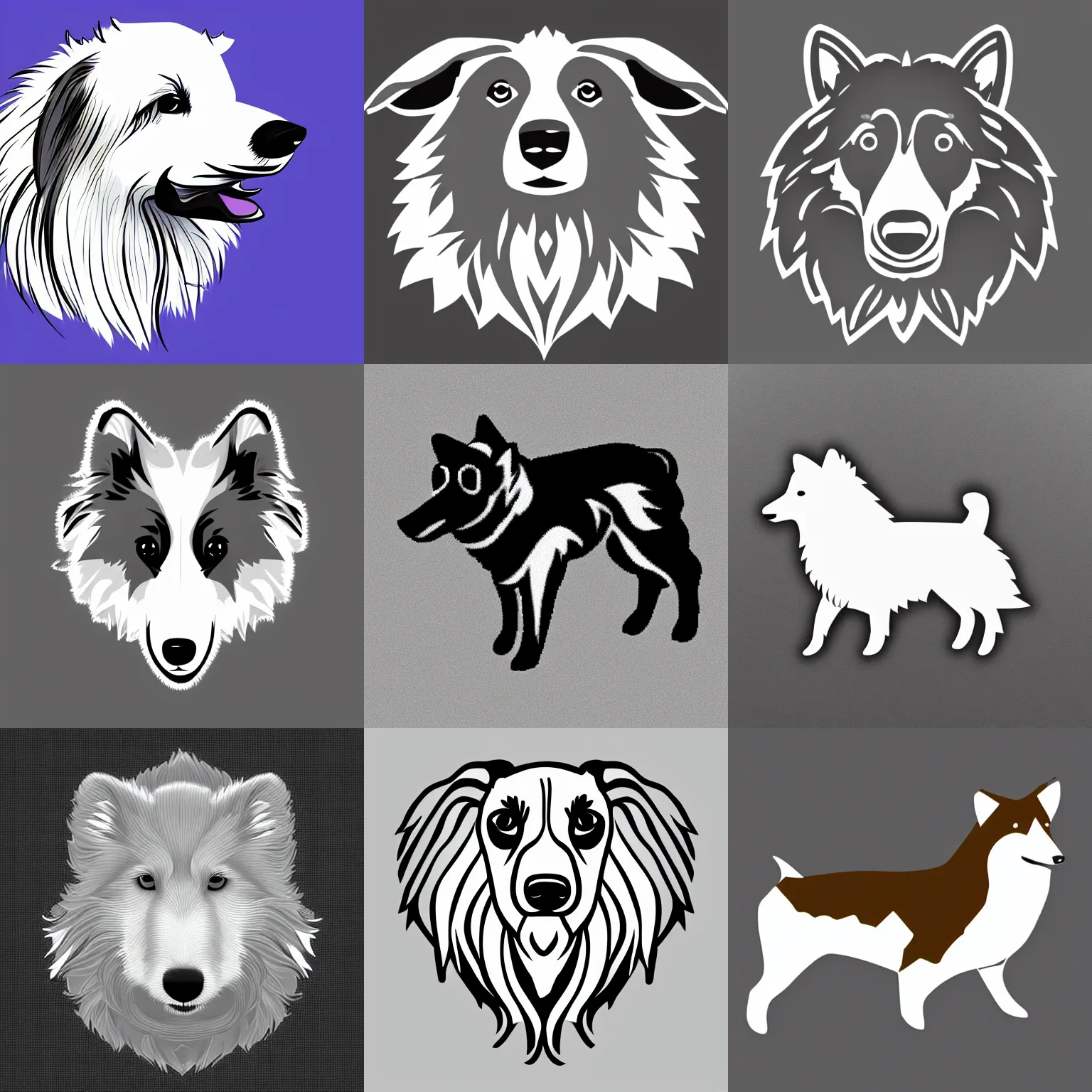 Prompt: a vectorial logo of a shetland sheepdog, trending on artstation, monochrome