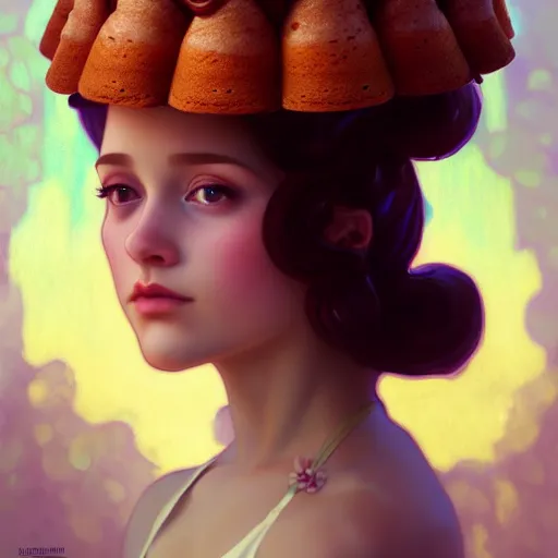 Image similar to portrait of a girl with a bundt cake on her head, digital art, cinematic, concept art, 8k, painting, imaginefx, cgsociety, art nouveau, Alphonse Mucha, trending on artstation, wide shot, full shot